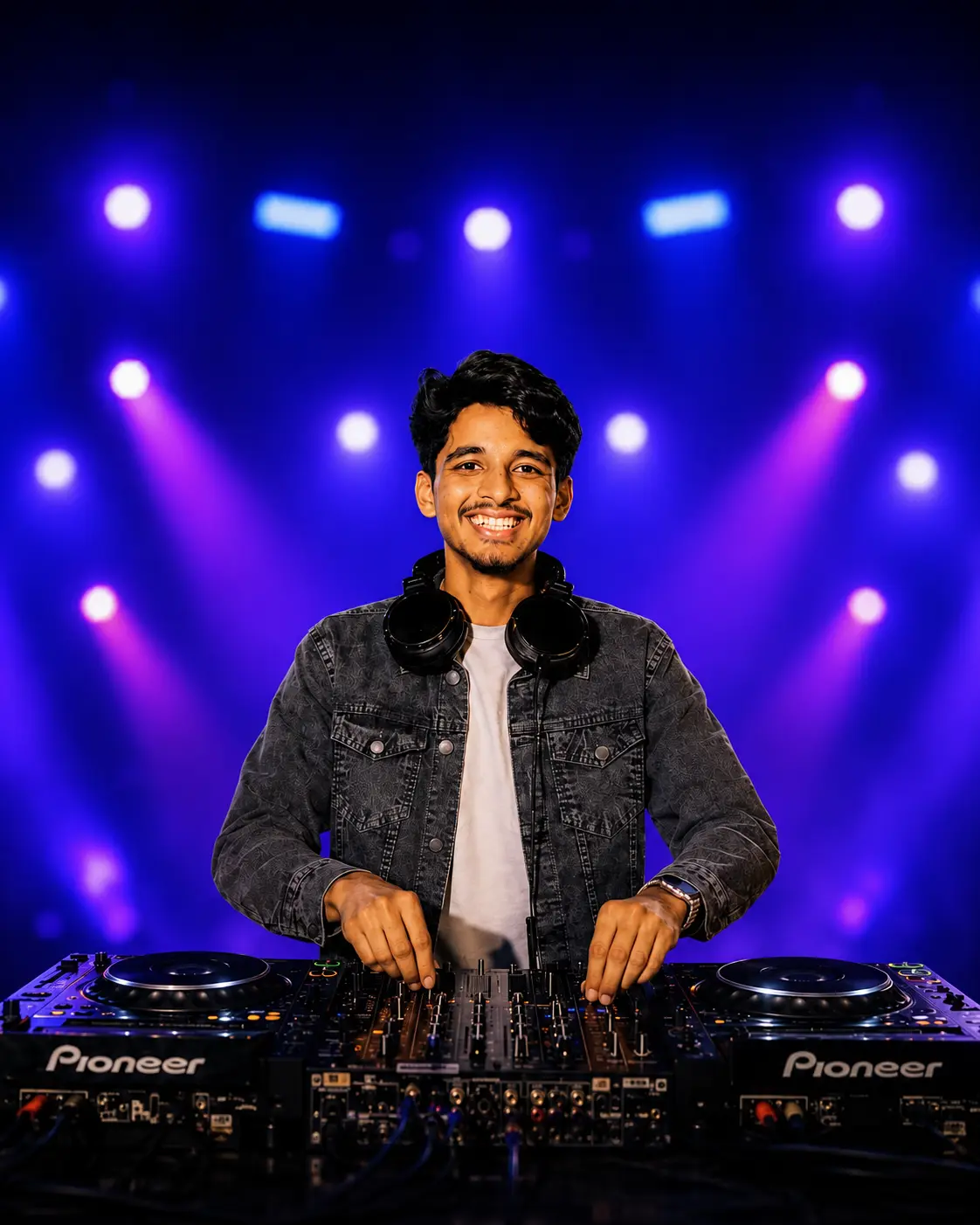 DJ Rev at the console under stage lights during a live set