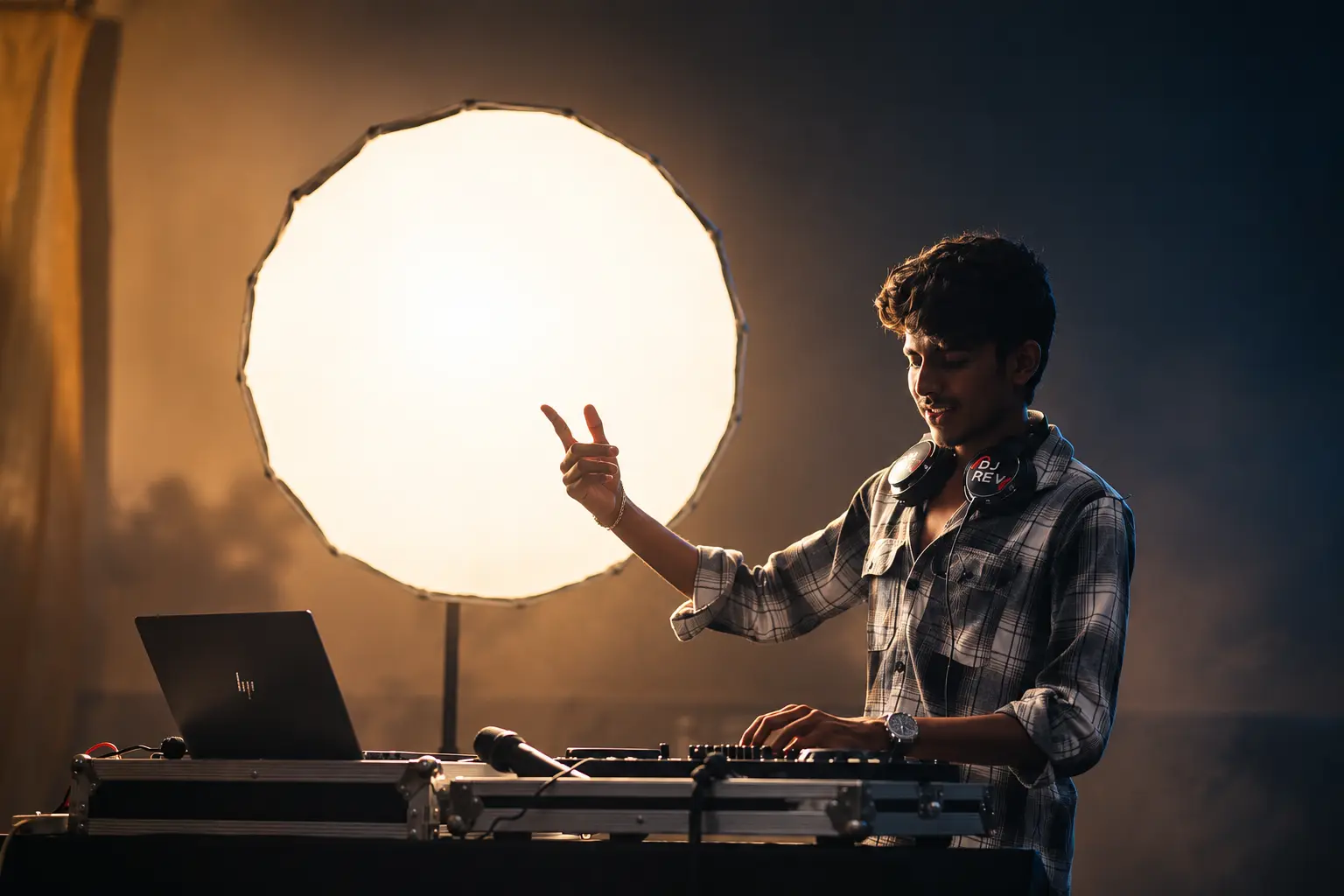 DJ Rev playing in front of a large backlit light disc