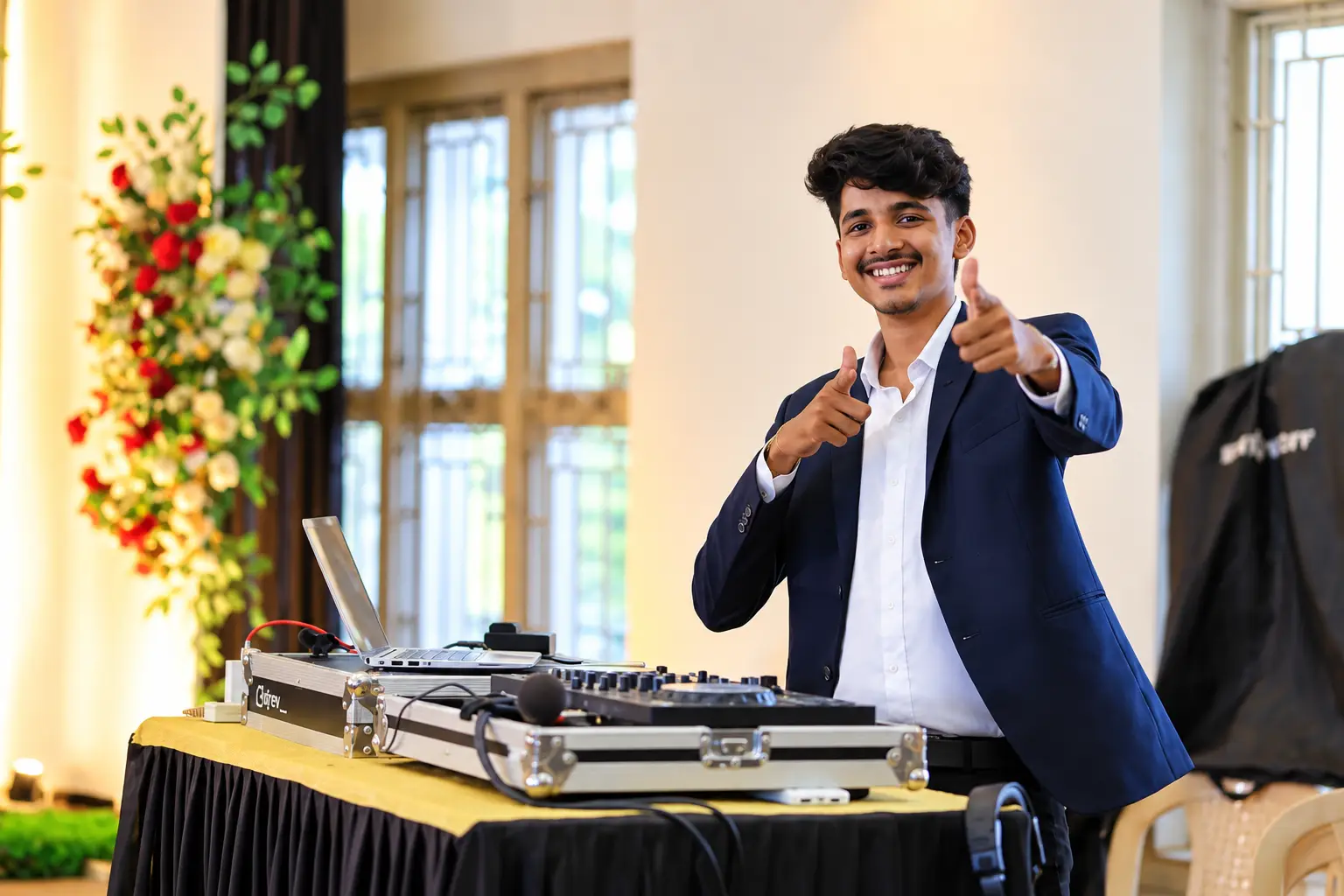 DJ Rev in a blazer pointing at the camera from behind the decks