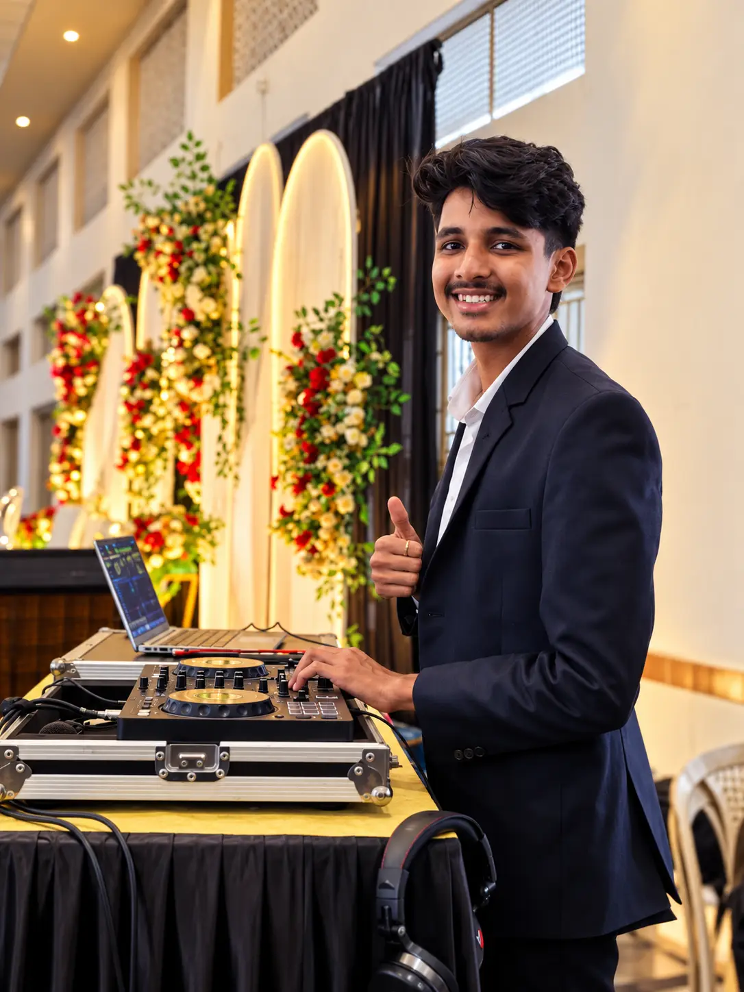 DJ Rev in a blazer beside a floral wedding backdrop