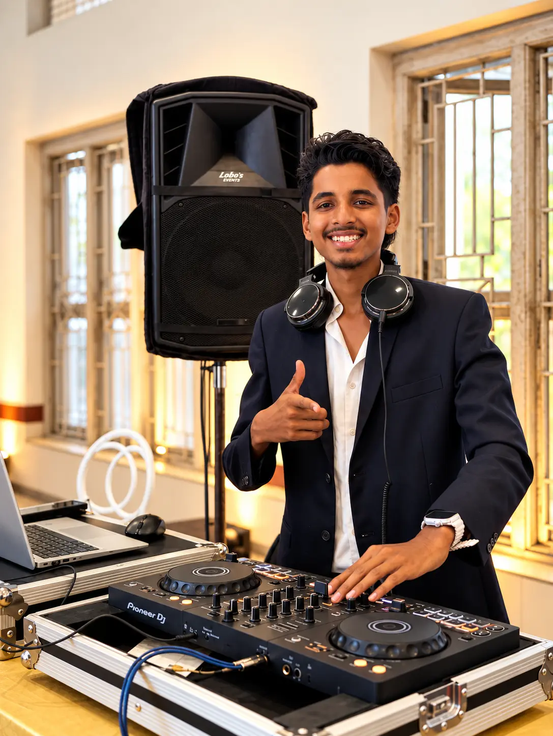 DJ Rev with a thumbs up next to a speaker in a function hall