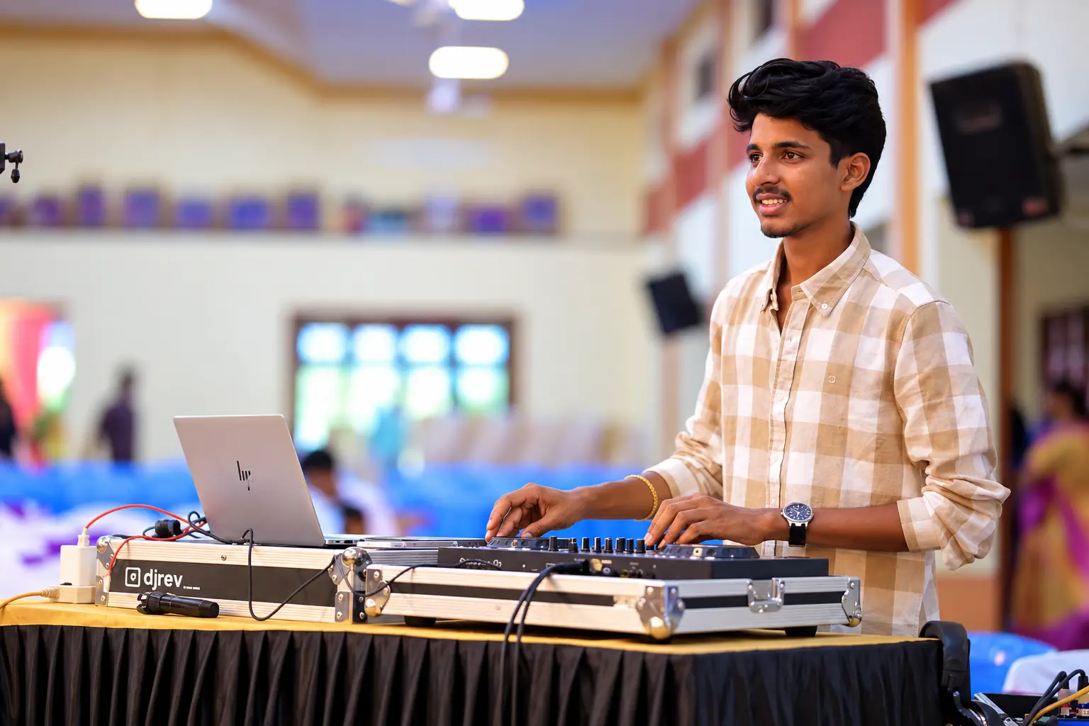 DJ Rev playing a daytime set in a function hall