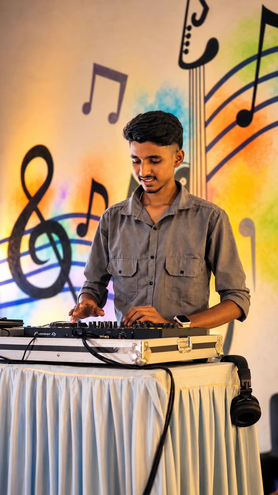 DJ Rev mixing in front of a colourful music-note mural
