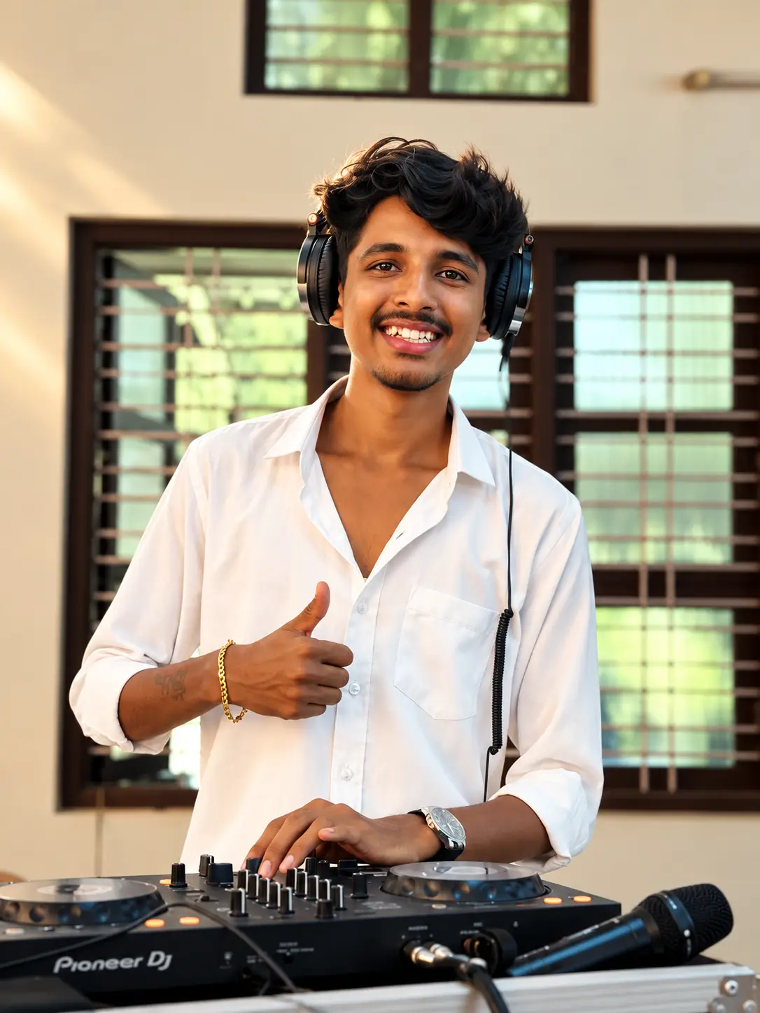 DJ Rev in a white shirt with a thumbs up at his Pioneer controller